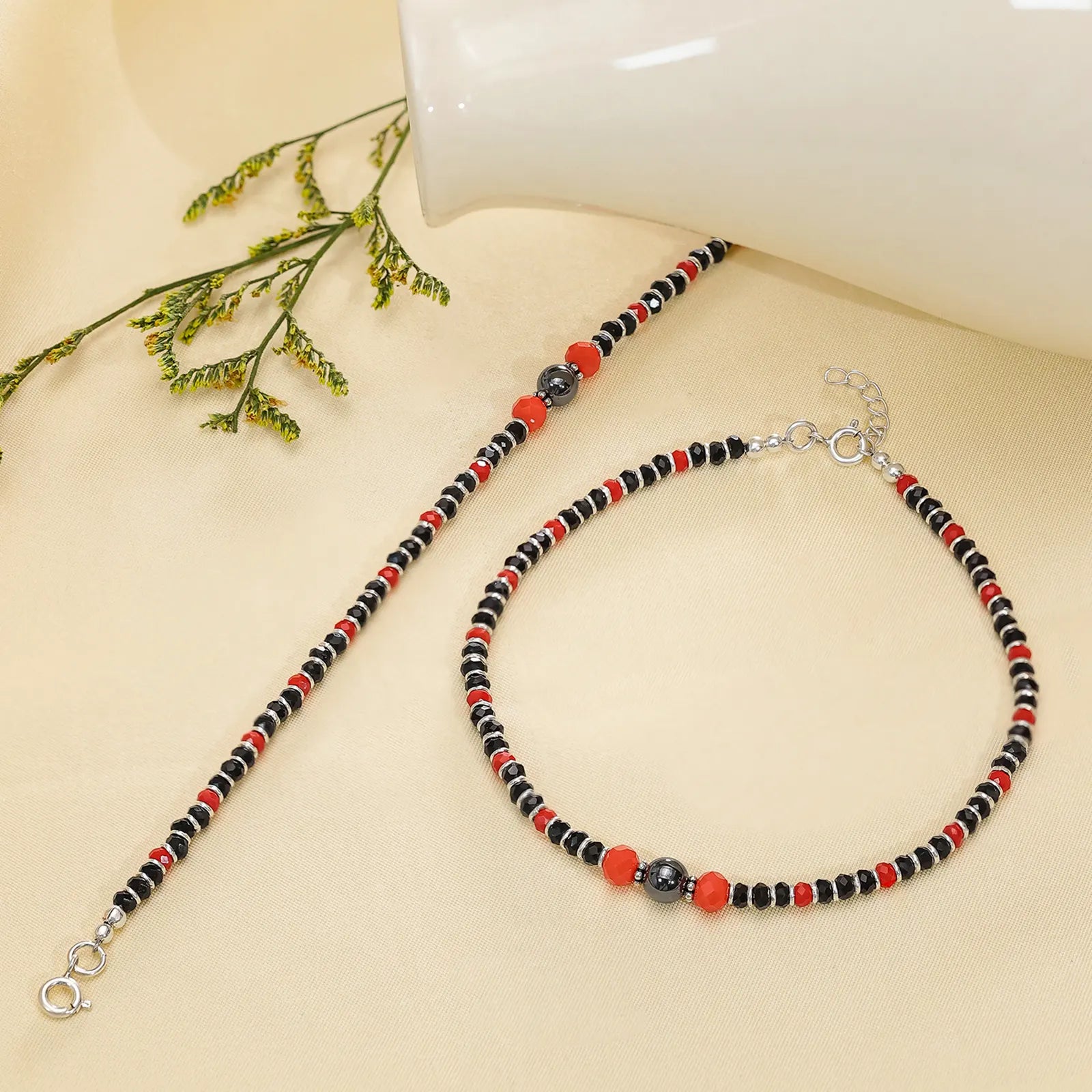 Ruby & Black Beads Silver Anklets