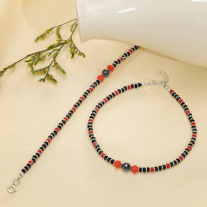 Ruby & Black Beads Silver Anklets
