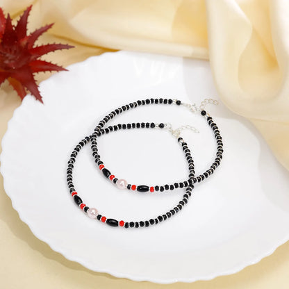 Pearl Charm & Red Black Beads Silver Anklet