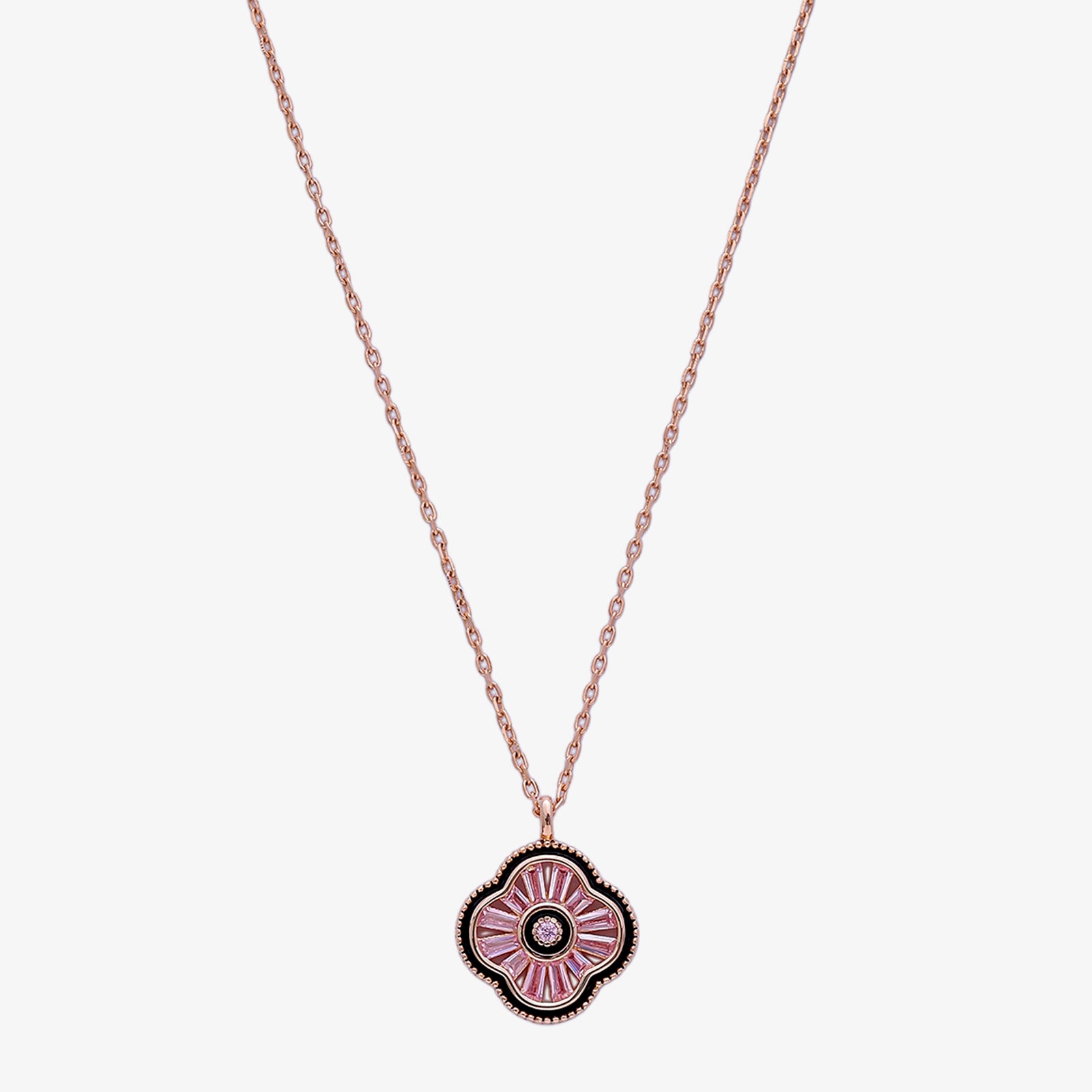Pink Clover Pendant Necklace for Women – 925 Sterling Silver Rose Gold Plated