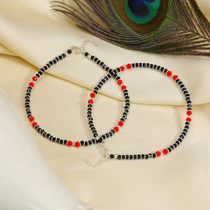 Beaded Red & Black Silver Anklet