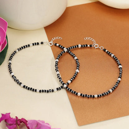 Classy White and Black Beads Silver Anklet