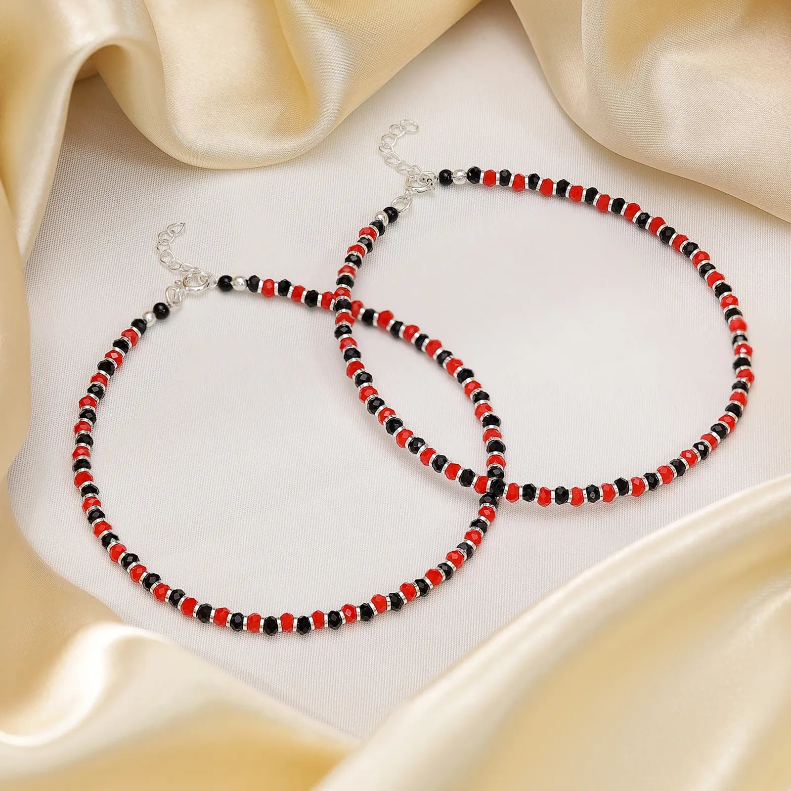 Red & Black Beads Silver Anklet