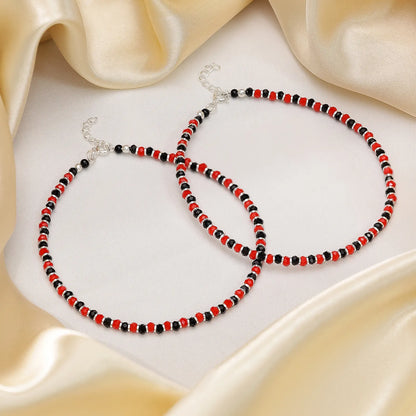 Red & Black Beads Silver Anklet