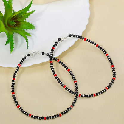 Trendy Red & Black Beads Silver Anklet