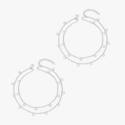 925 Sterling Silver Double Layer Cz Silver Anklet