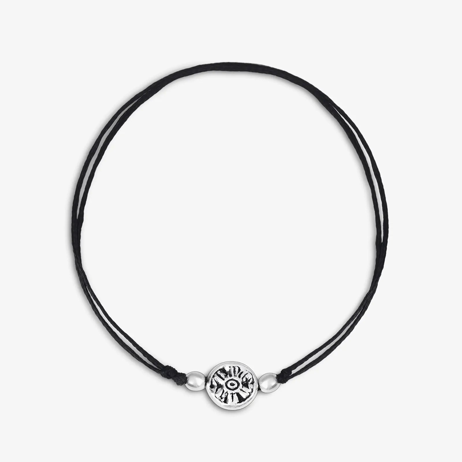 Silver Floral Motif Black Thread Anklet