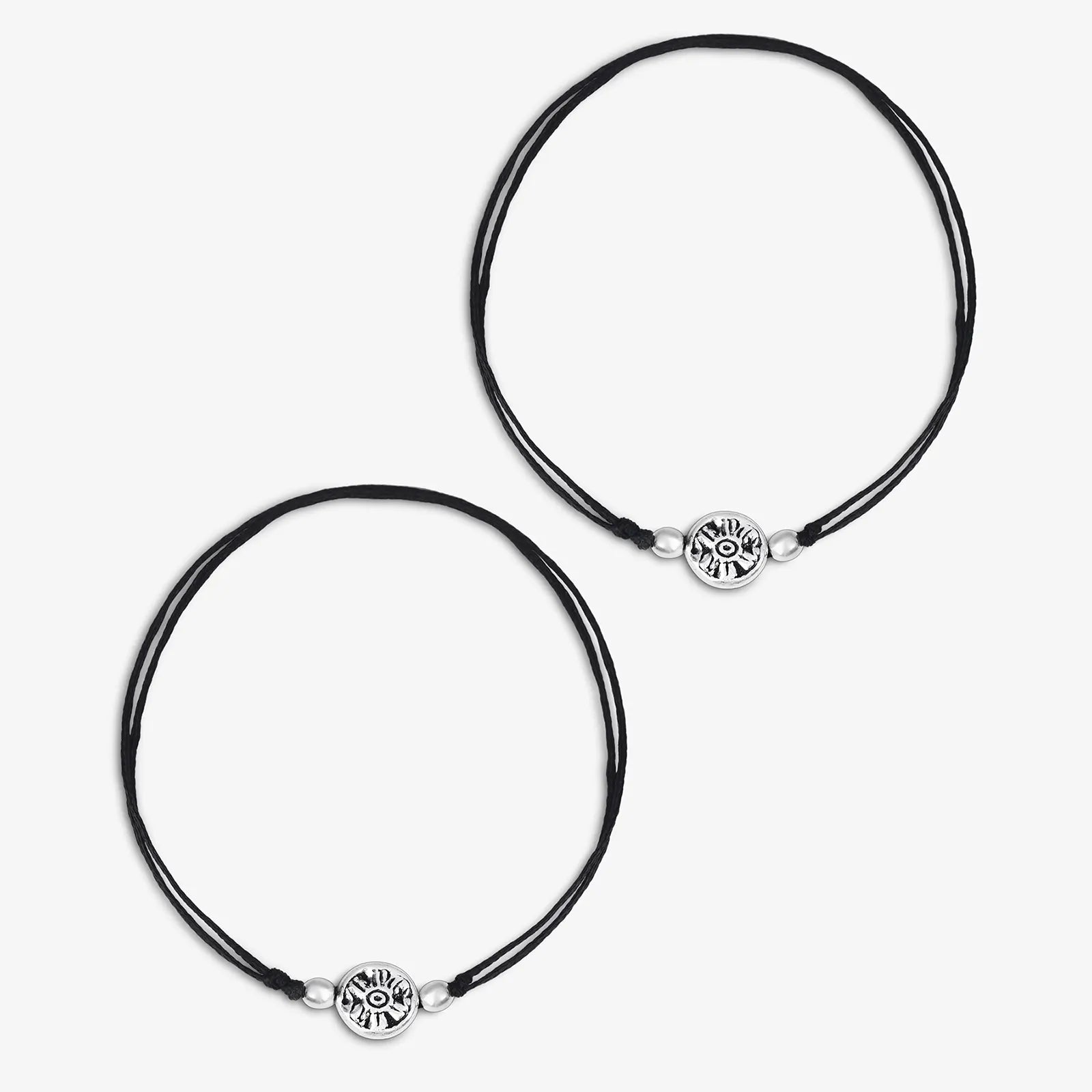 Silver Floral Motif Black Thread Anklet