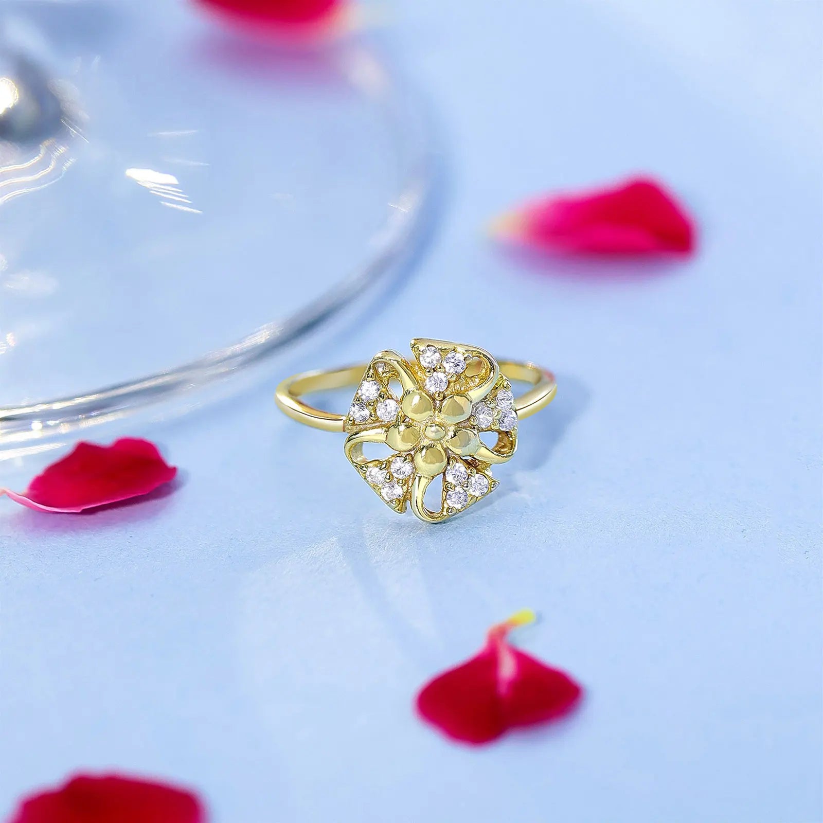 Gold Plated Designer Flower Silver Ring