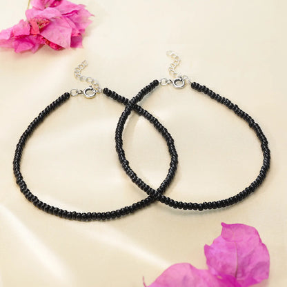 Silver Plain Black Bead Anklet