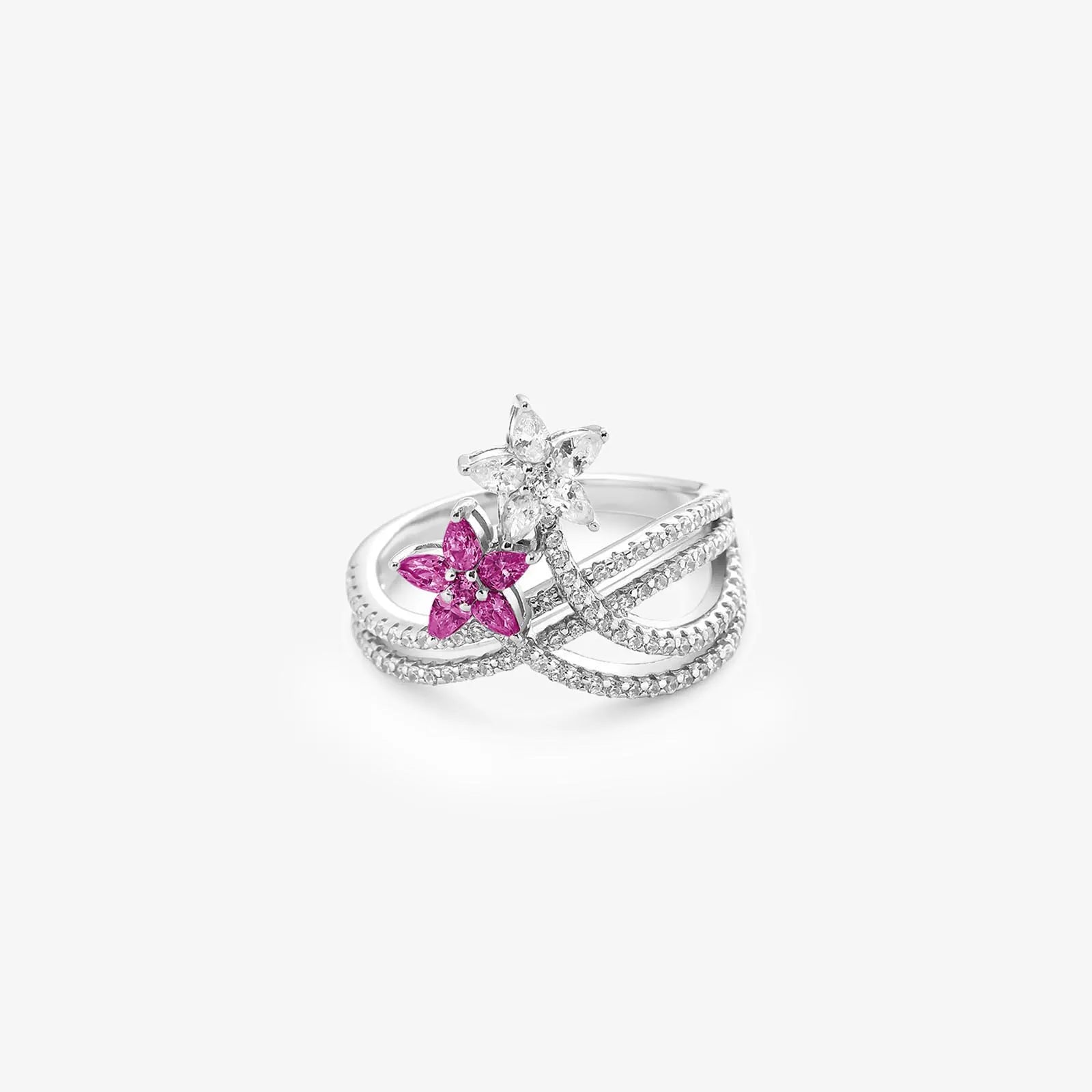 Silver Ruby & White CZ Floral Ring - Tweov Jewels
