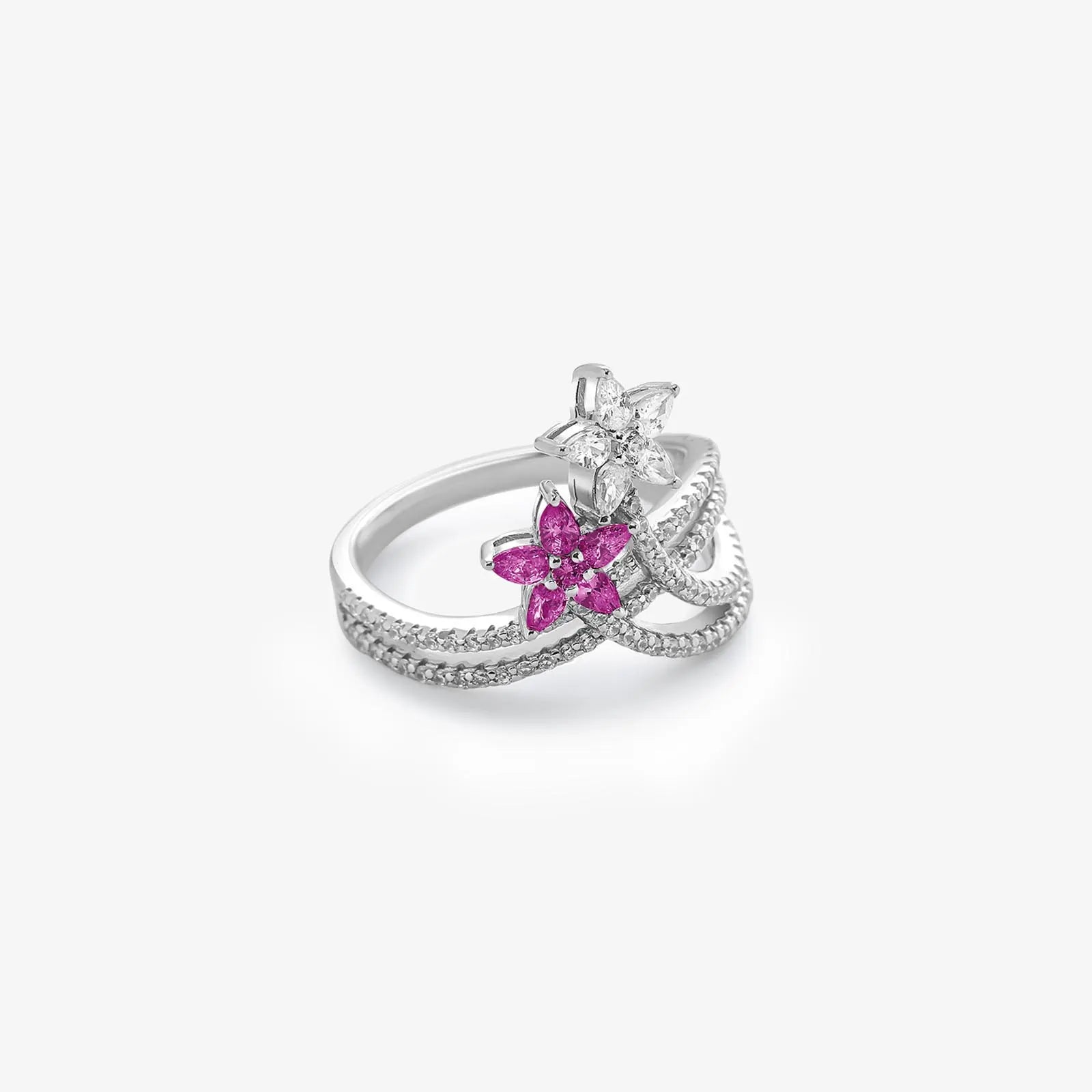 Silver Ruby & White CZ Floral Ring - Tweov Jewels