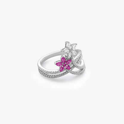 Silver Ruby & White CZ Floral Ring - Tweov Jewels