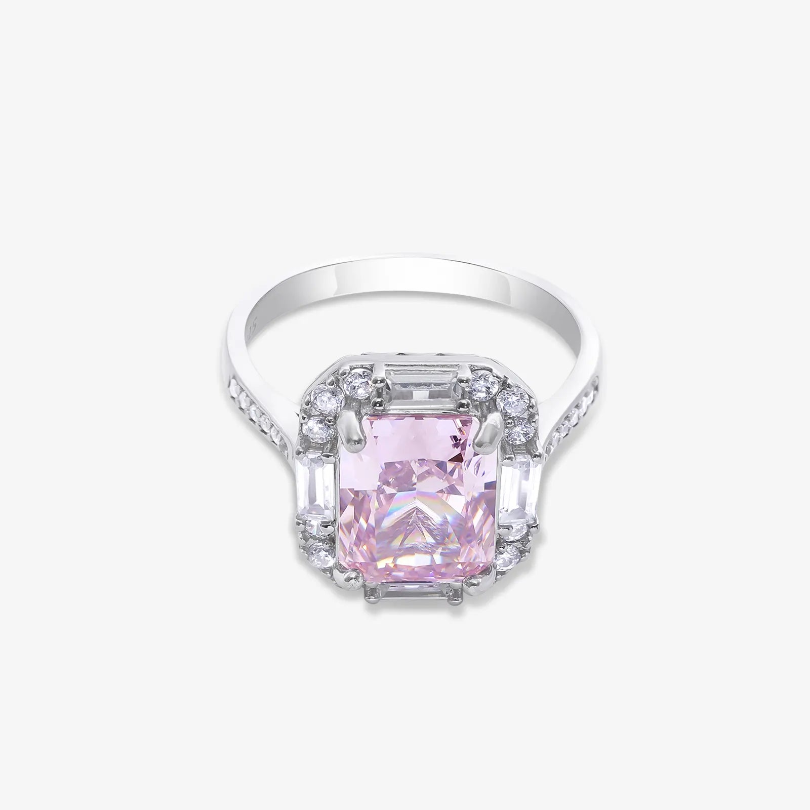 Pink Emerald Cut Diamond Studded Silver Ring - Tweov Jewels