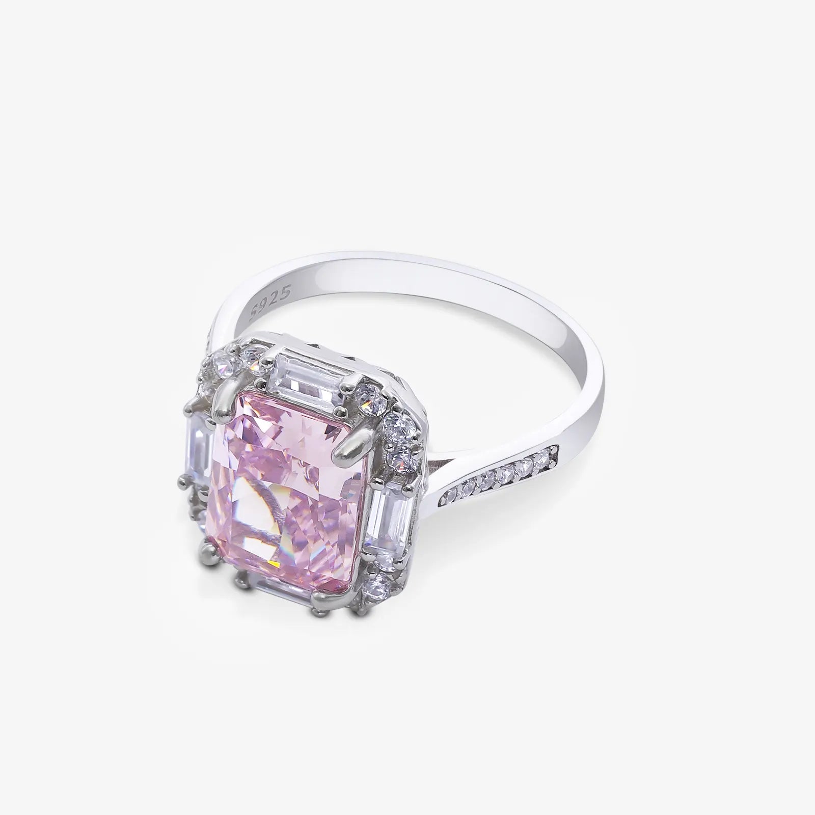 Pink Emerald Cut Diamond Studded Silver Ring - Tweov Jewels