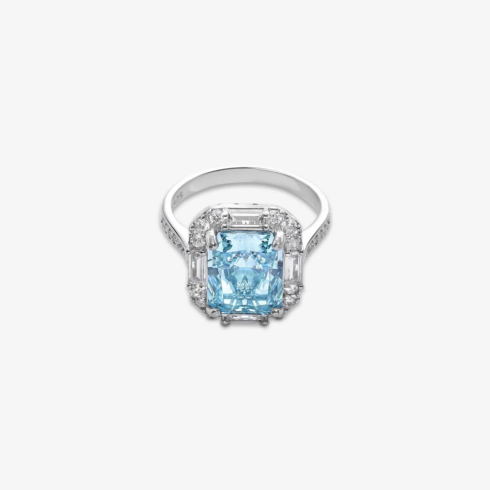 Sky Blue Emerald Cut Diamond Studded Silver Ring - Tweov Jewels