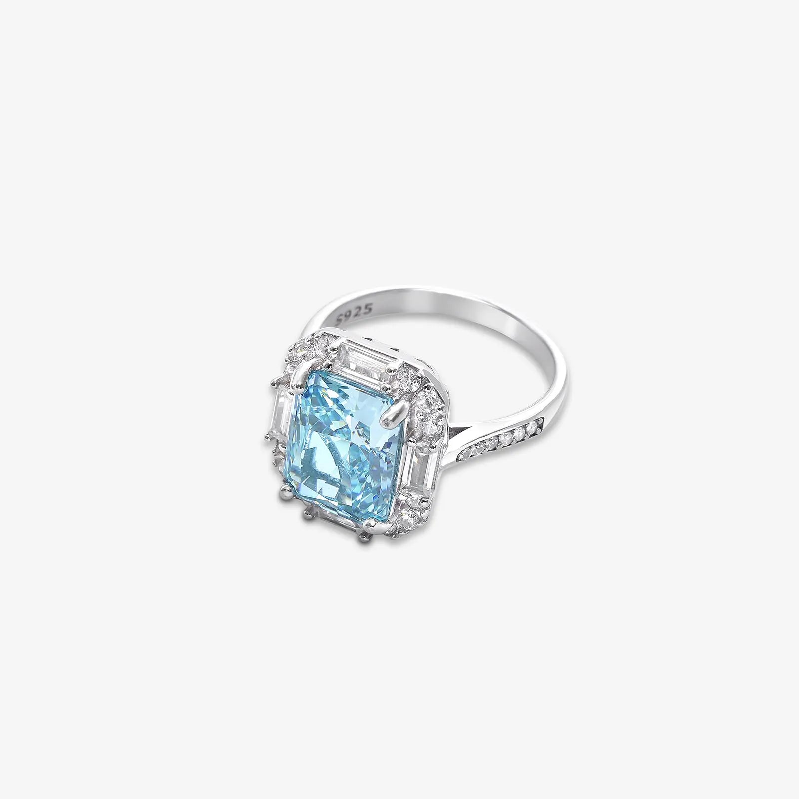 Sky Blue Emerald Cut Diamond Studded Silver Ring - Tweov Jewels
