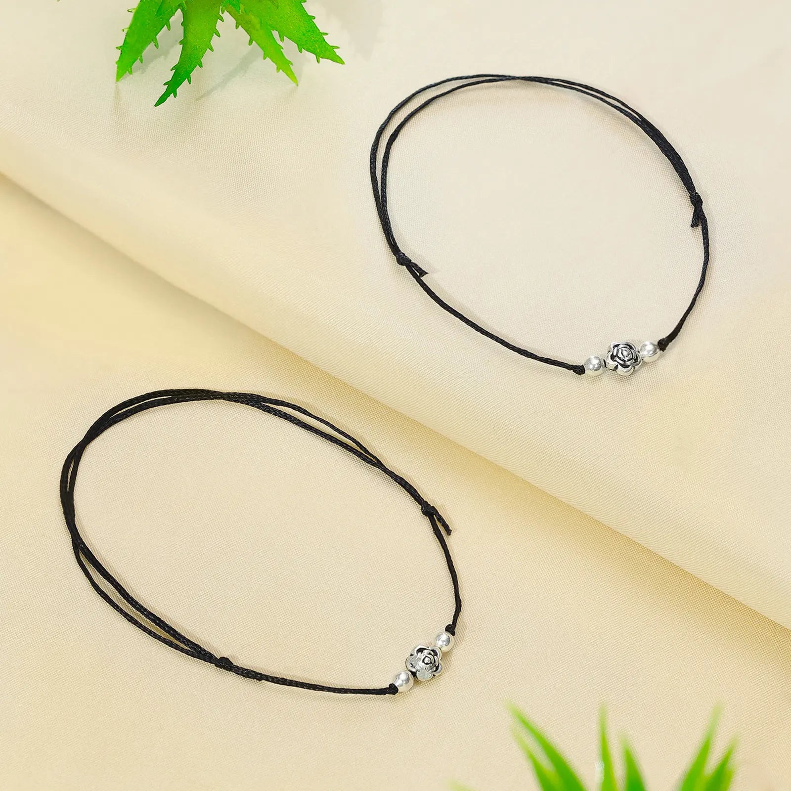 Silver Floral Black Thread Anklet