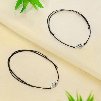 Silver Floral Black Thread Anklet