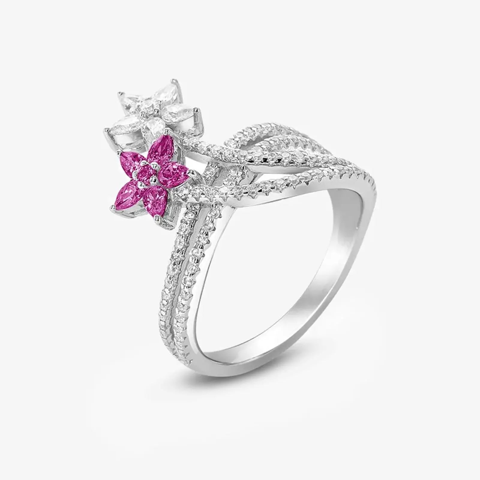 Silver Ruby & White CZ Floral Ring - Tweov Jewels