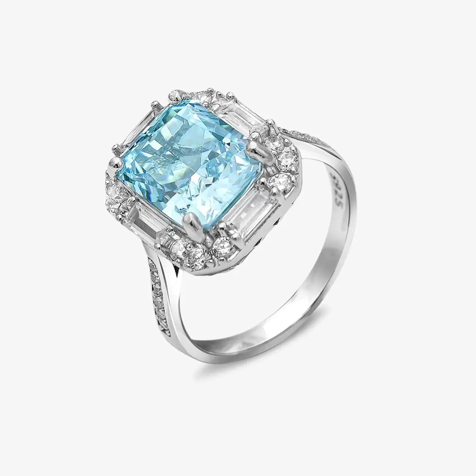 Sky Blue Emerald Cut Diamond Studded Silver Ring - Tweov Jewels