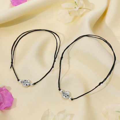 Silver Floral Motif Black Thread Anklet