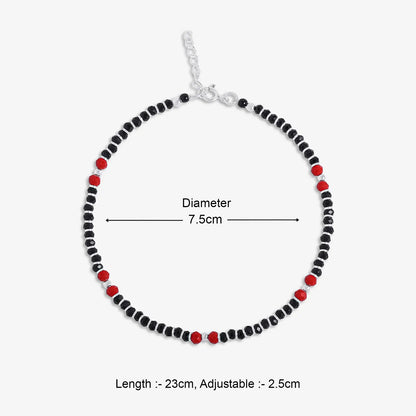 Beaded Red & Black Silver Anklet