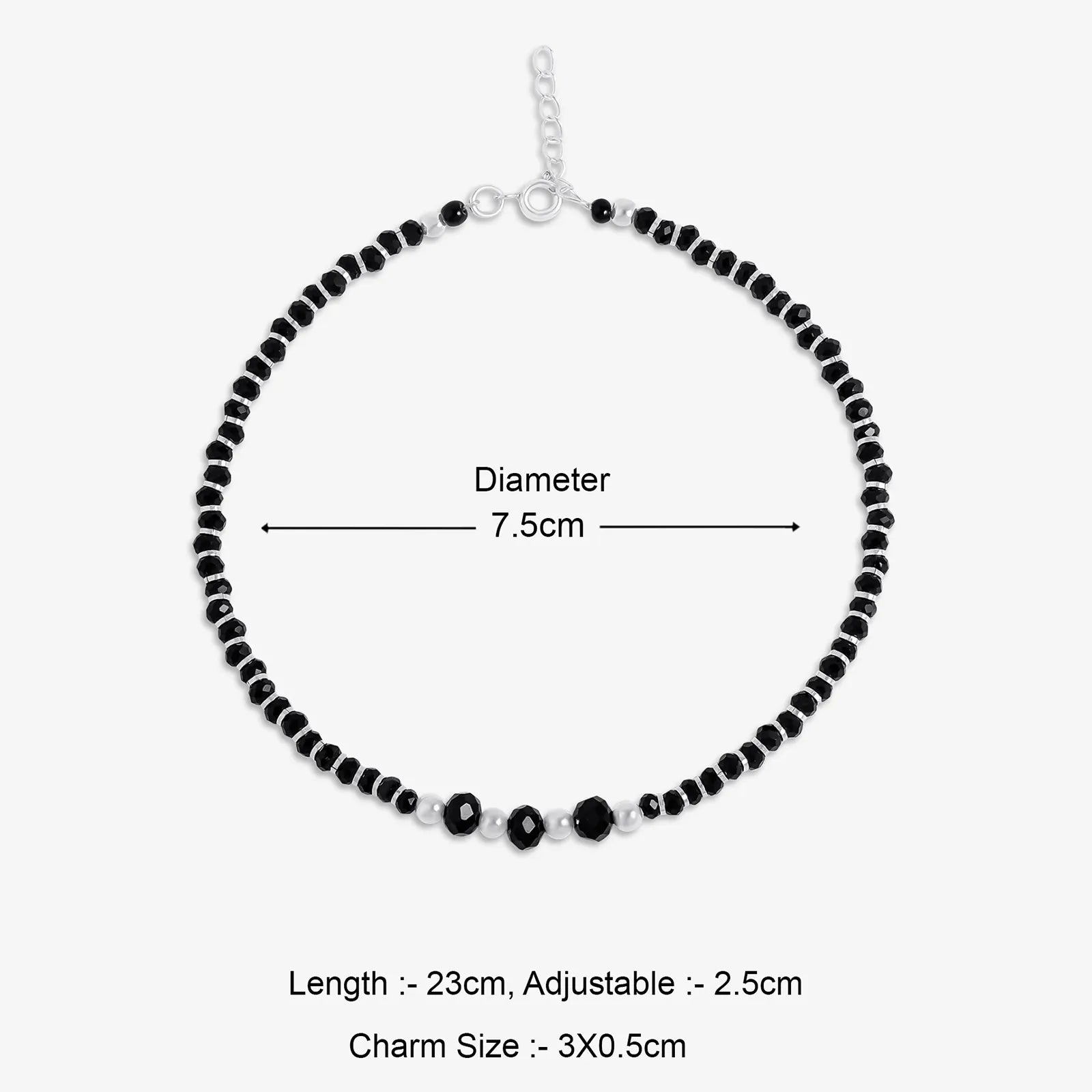 Black Crystal Beaded Silver Anklet