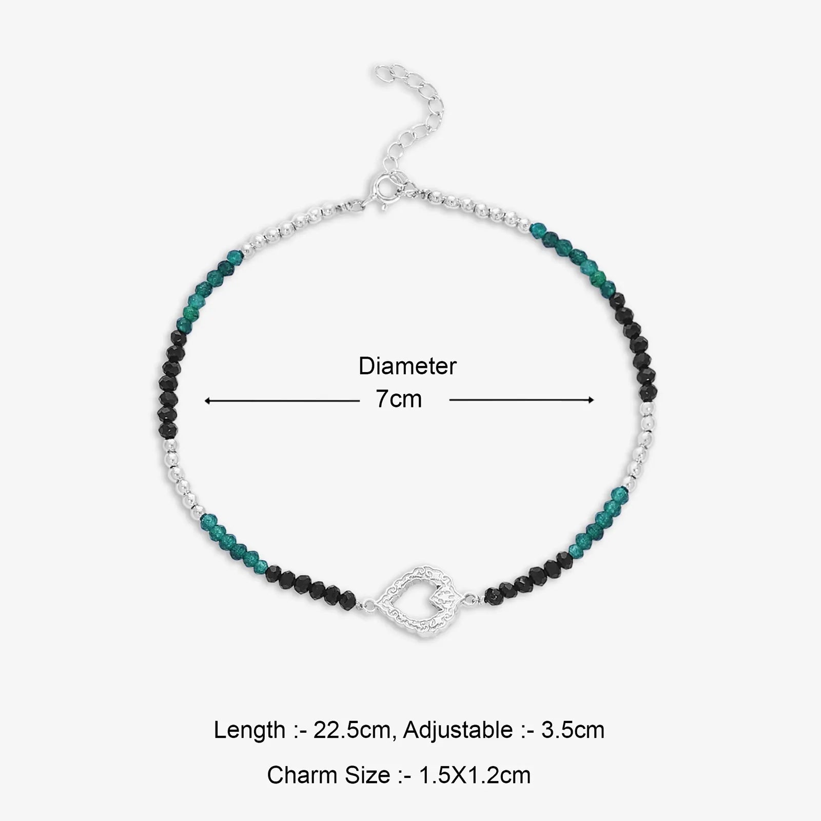 Black-Green Crystal Beaded Silver Heart Anklet