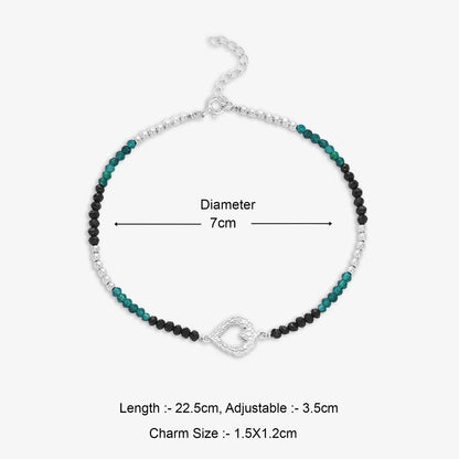 Black-Green Crystal Beaded Silver Heart Anklet