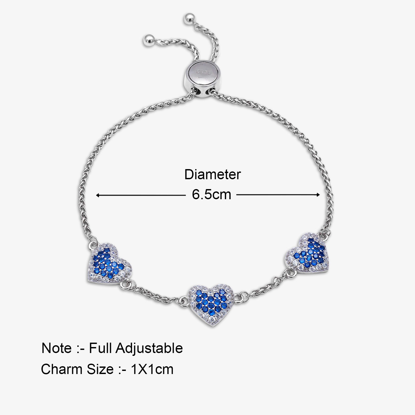 925 Sterling Silver White and Blue Zirconia Heart Chain Bracelet
