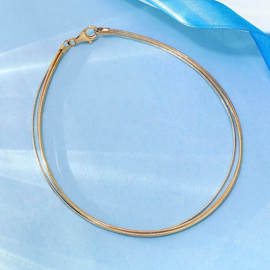 925 Sterling Silver Triple Layer Triple Tone Chain Anklet