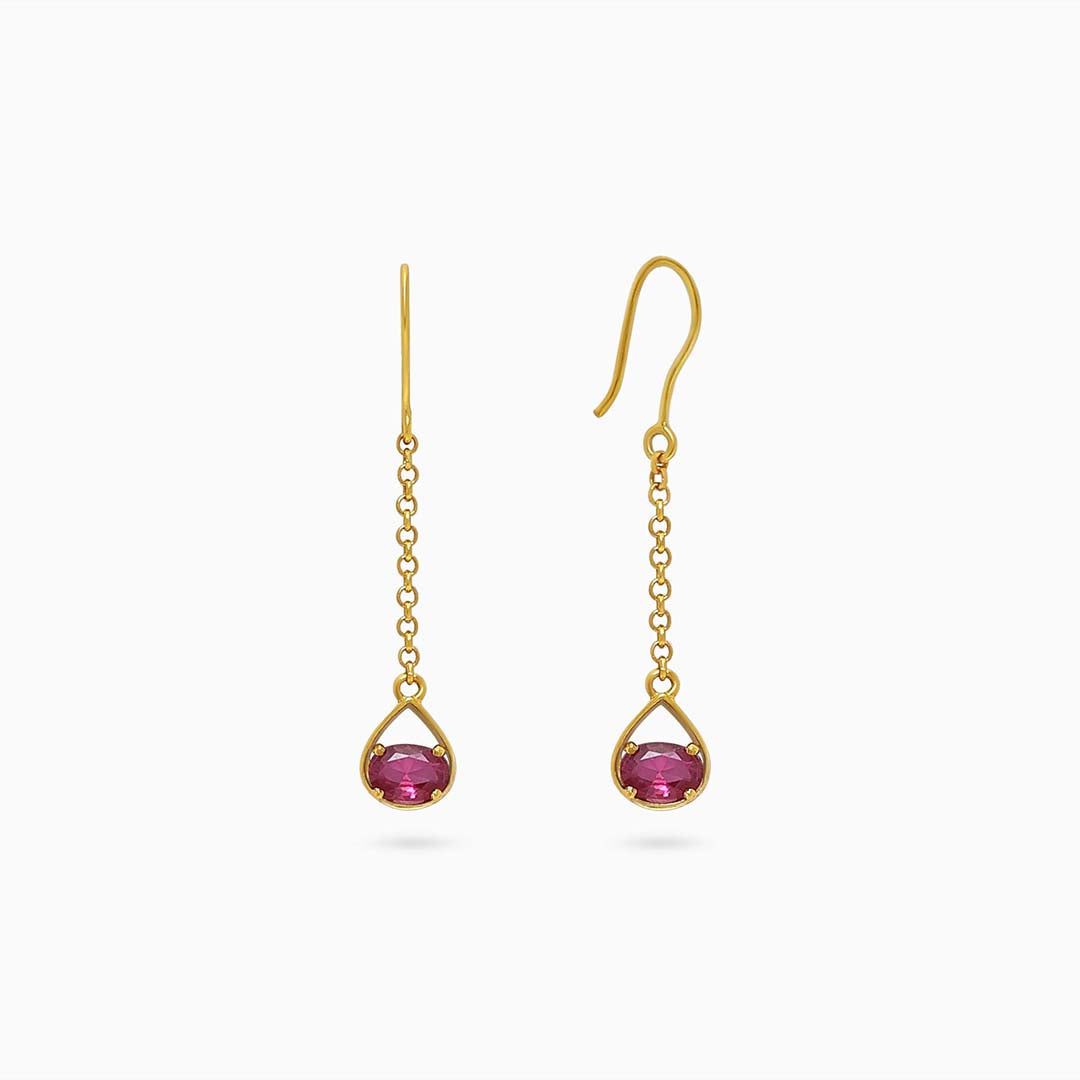 Pure Silver Earrings - Ruby Long Drop With Gold Finish - Tweov Jewels