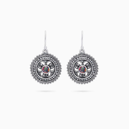 Pure Silver Earrings - Oxidised Hook With Rainbow CZ - Tweov Jewels