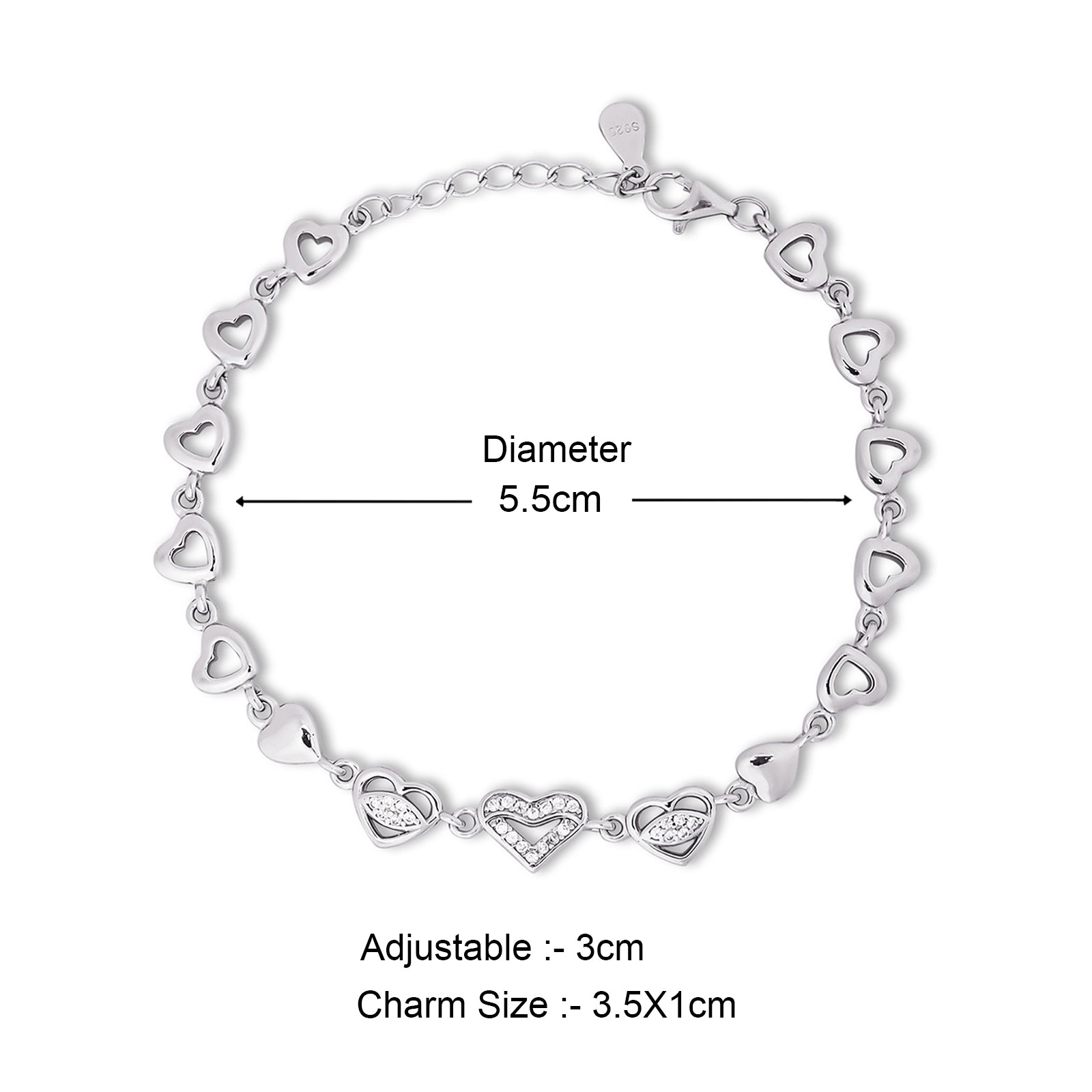 925 Sterling Silver CZ Trendy Heart Bracelet for Women