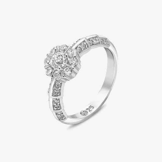 Floral CZ Ring for Women – 925 Sterling Silver Rhodium-Plated