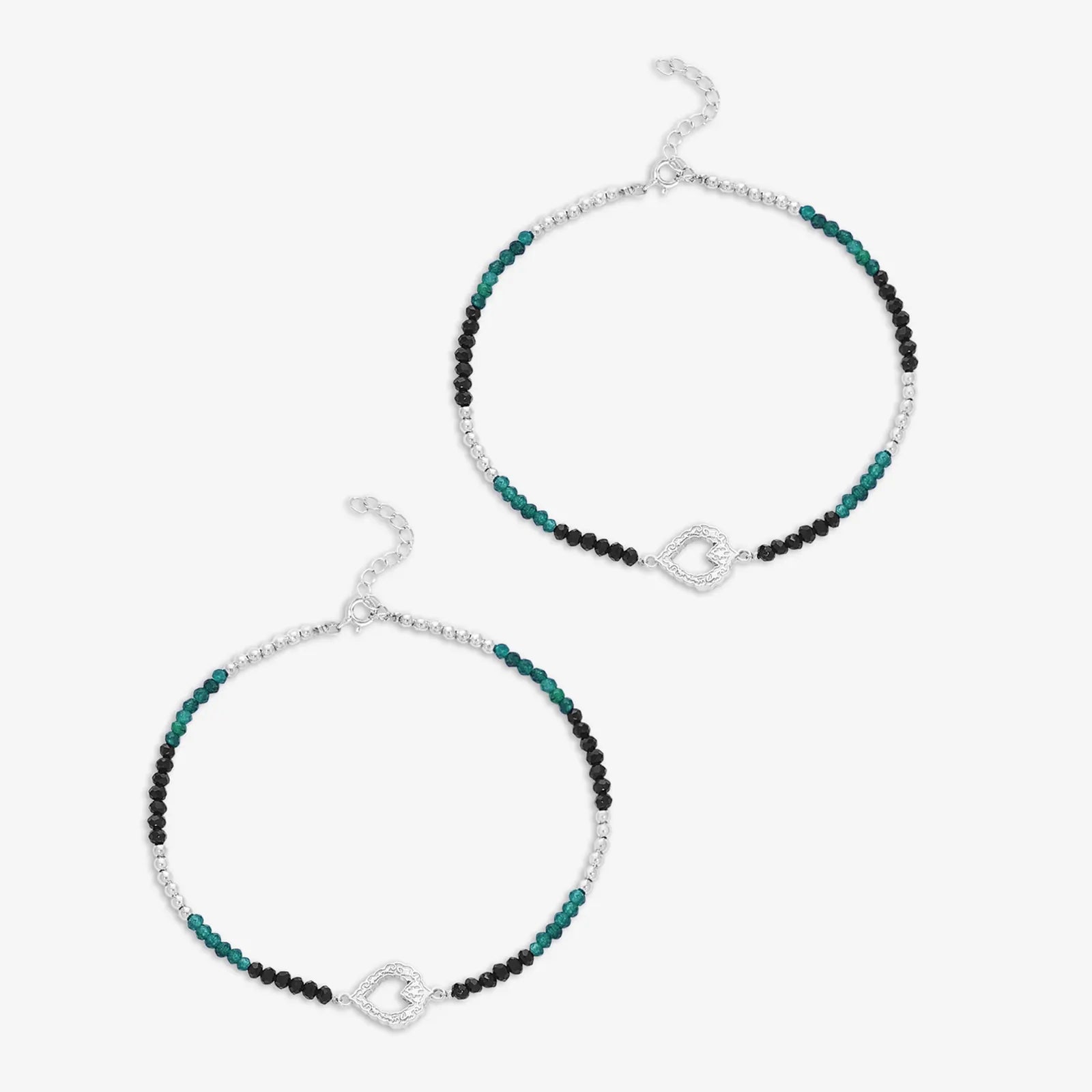Black-Green Crystal Beaded Silver Heart Anklet