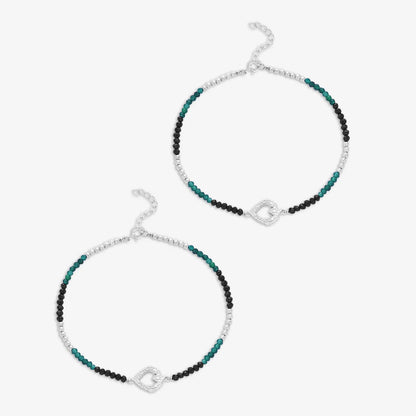 Black-Green Crystal Beaded Silver Heart Anklet