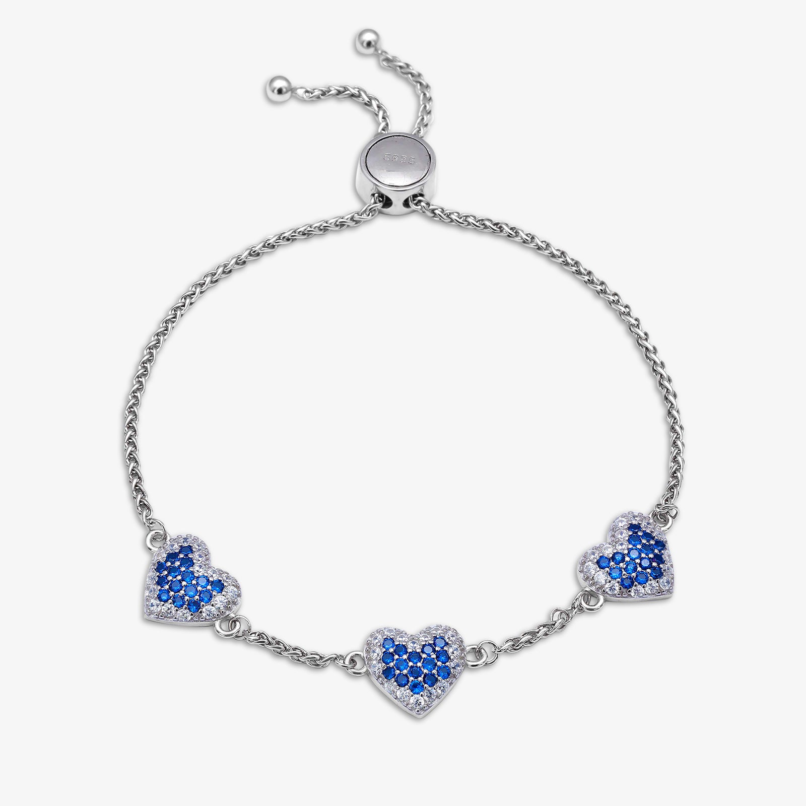 925 Sterling Silver White and Blue Zirconia Heart Chain Bracelet