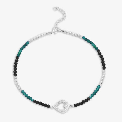 Black-Green Crystal Beaded Silver Heart Anklet