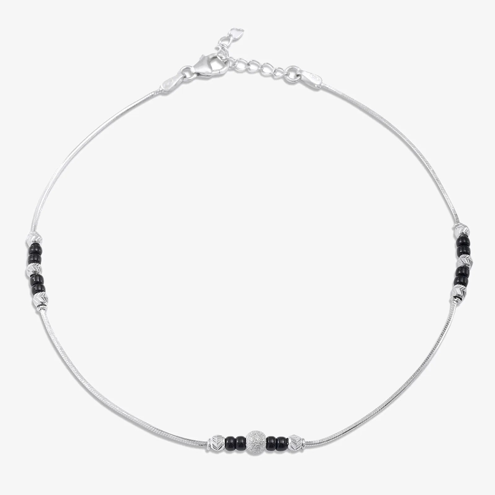 Black Beads Thin Silver Chain Anklet - Tweov Jewels