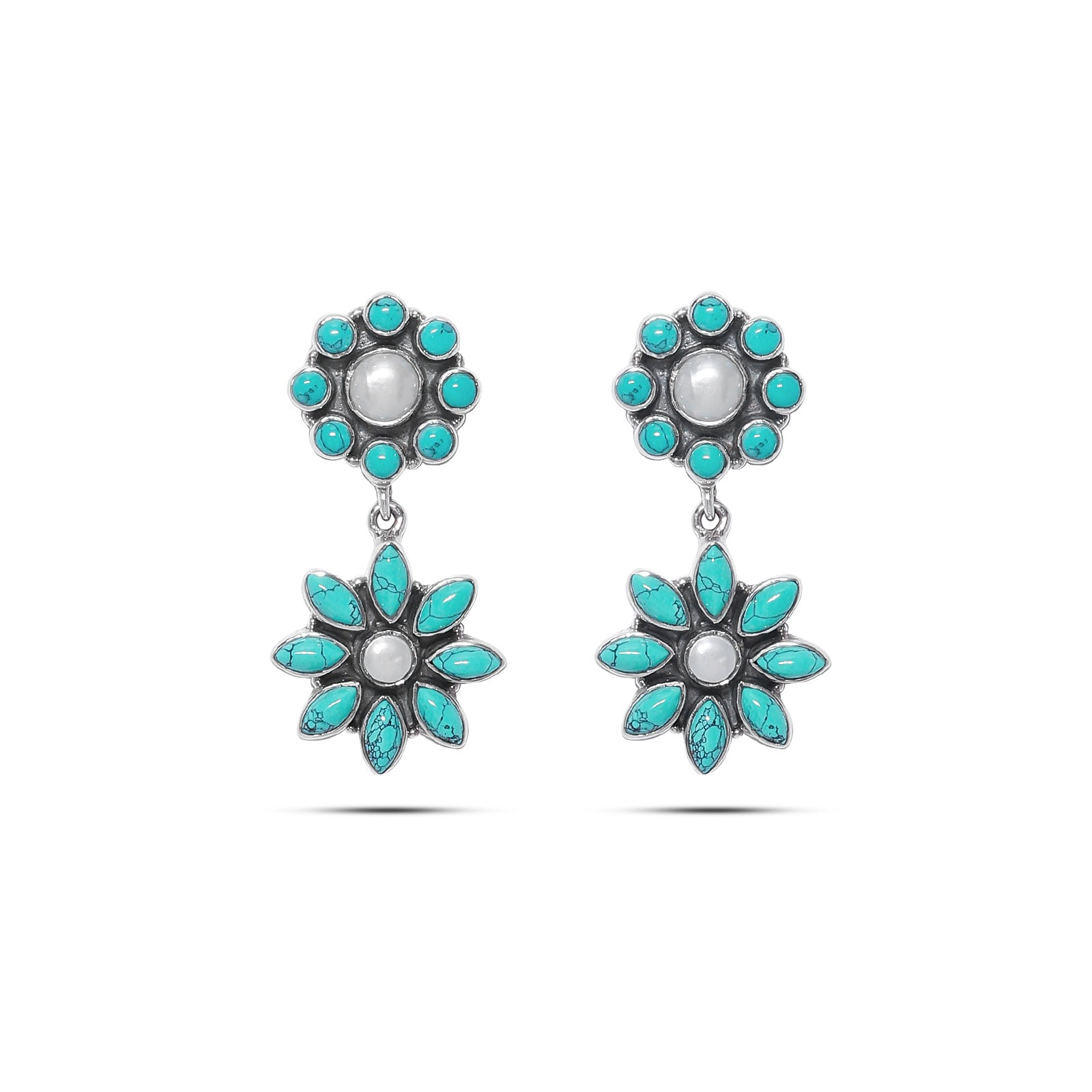 Pure Silver Earrings - Azure Bloom Howlite & Pearl - Tweov Jewels
