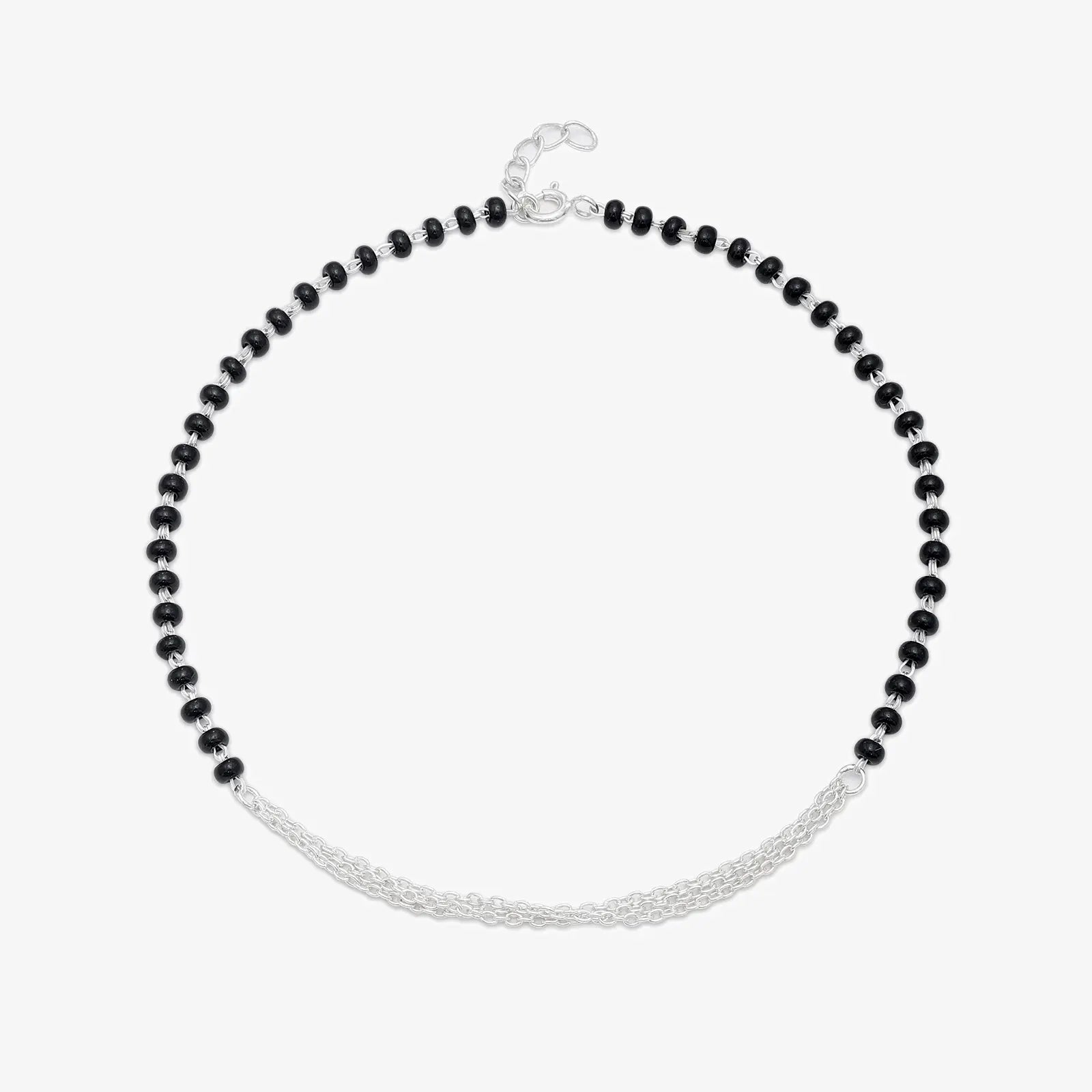 Black Beads Layered Chain Silver Anklet - Tweov Jewels