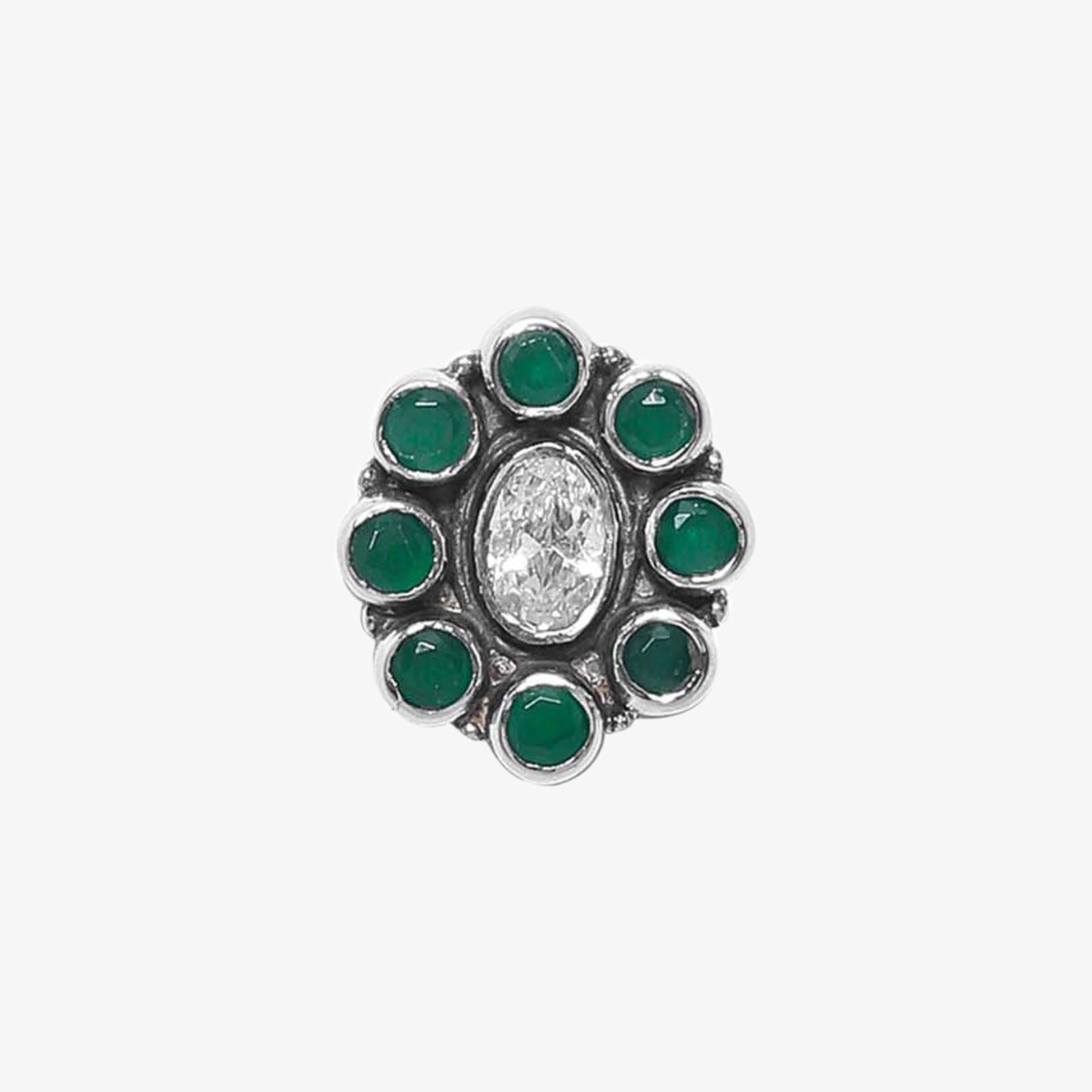 Oxidized Silver Green Stone Stud Earrings