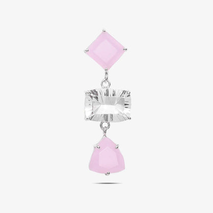 Multicut Pink Stone Long Silver Earrings
