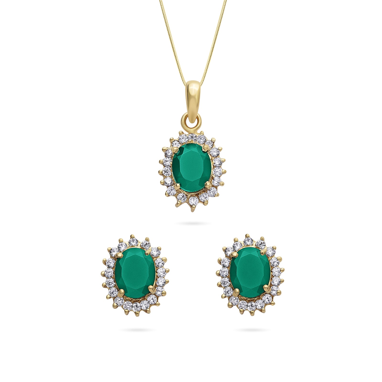 Pure Silver Jewellery Sets - Royal Emerald Earrings With CZ Pendant Set - Tweov Jewels