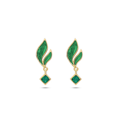 Pure Silver Earrings - Golden Leaf with Emerald Drops - Tweov Jewels