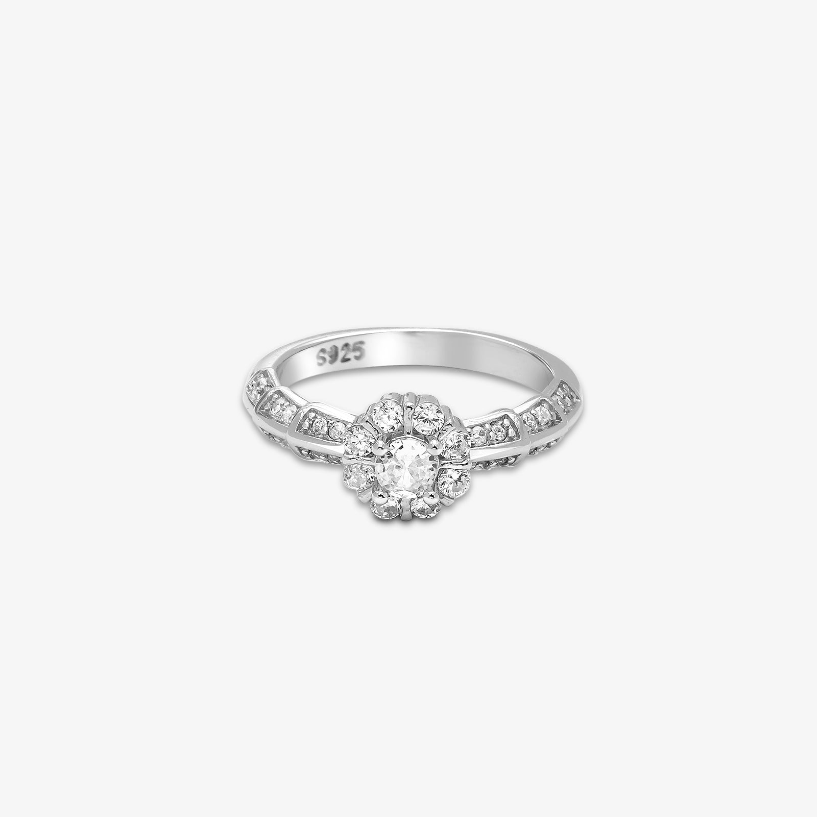 Floral CZ Ring for Women – 925 Sterling Silver Rhodium-Plated
