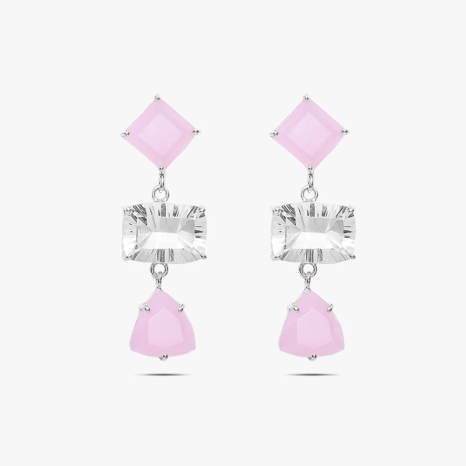 Multicut Pink Stone Long Silver Earrings