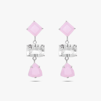 Multicut Pink Stone Long Silver Earrings